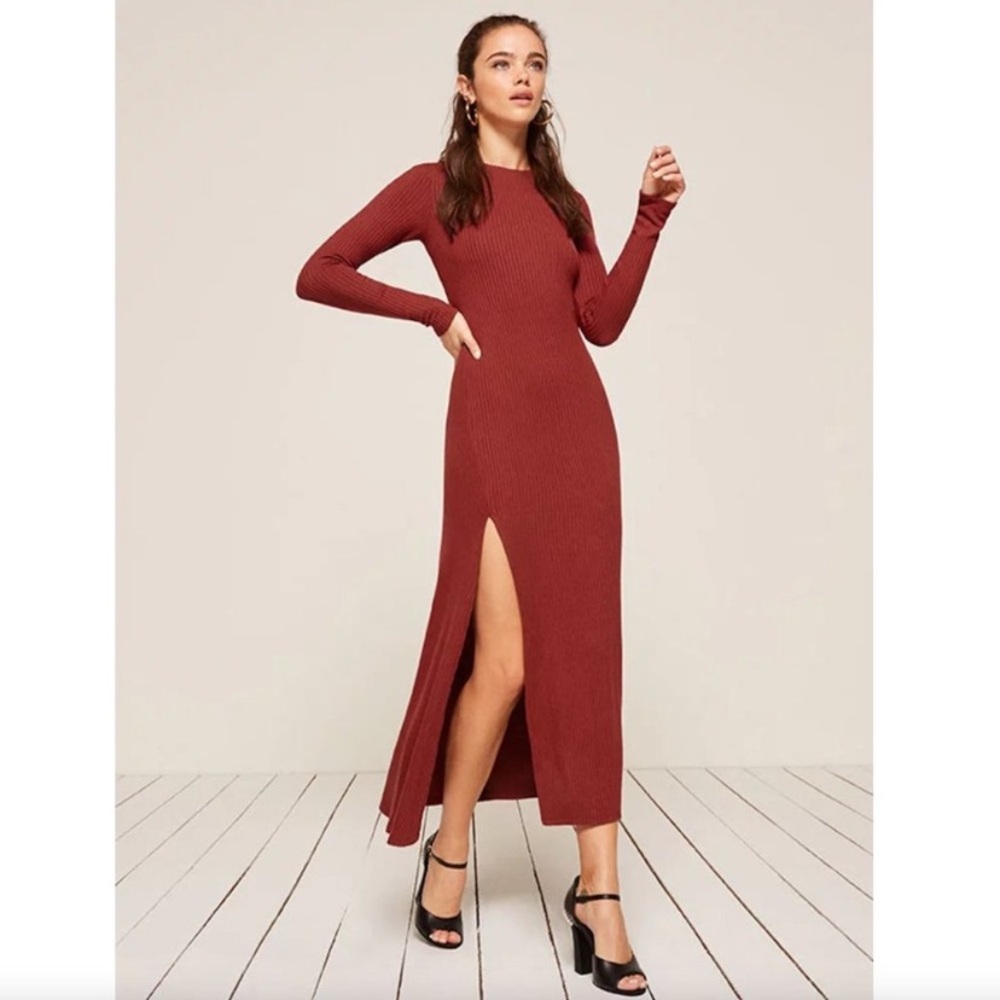 Reformation Red Ribbed Knit Dress